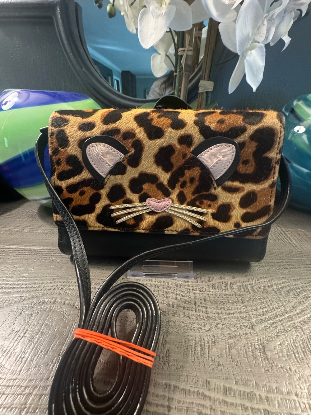 Kate Spade Novelty Kitty Cat Leopard Print Furry Face Crossbody Bag -